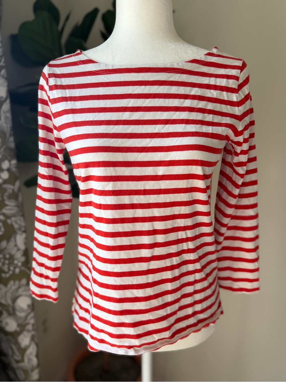 J. Crew Red and White Striped Long Sleeve Boatneck Tee